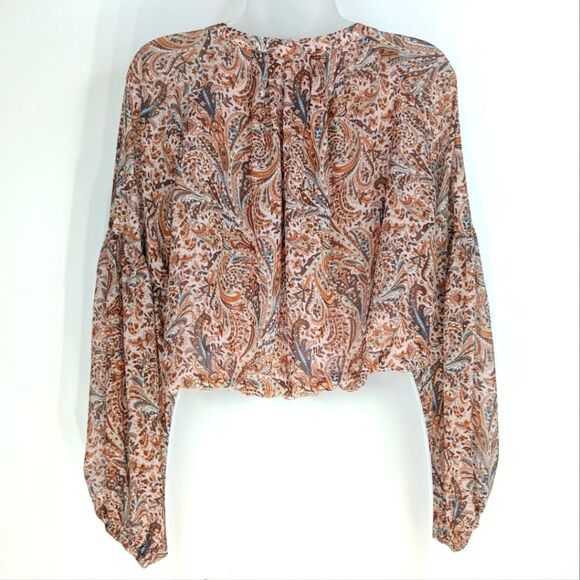 RACHEL ZOE Women’s Neutral Paisley Sheer Blouse Medium Boho Balloon Cropped - Picture 5 of 11